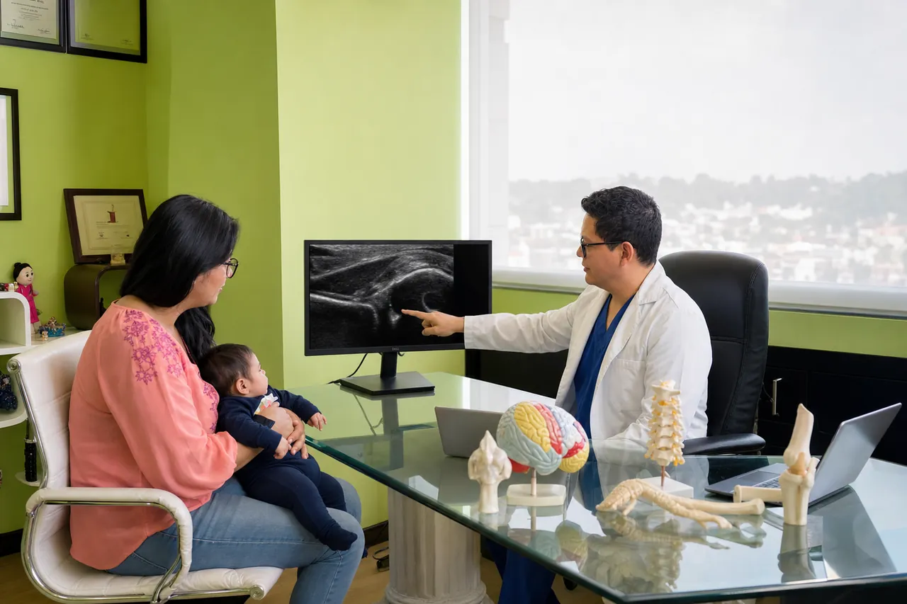 Dr. Eduardo Escutia explicando un ultrasonido de cadera de un recién nacido en CDMX